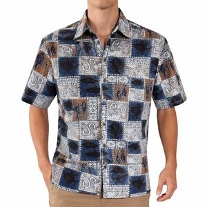 Howie Hawaiian Aloha Shirt Large Nautical Fish Fishing Hooks Floral Blue Brown